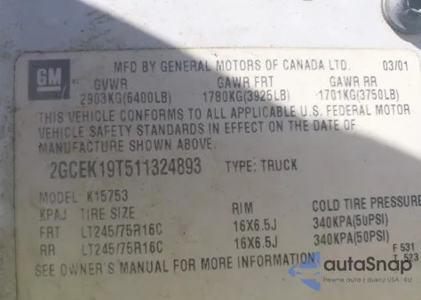 2001 Chevrolet Silverado 1500 из США, поврежденный, VIN 2GCEK19T511324893